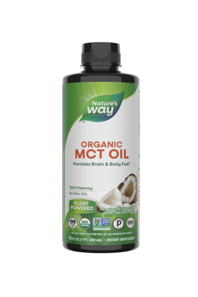 Nature's Way Organic MCT Oil, 16 Fl Oz, Brain, Body Fuel Coconuts, C8 Caprylic Acid and C10 Capric Acid (480 ml)