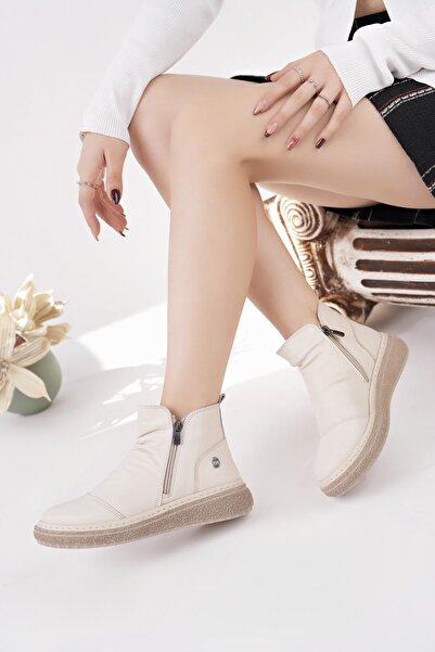 Mammamia D25Kb 1005 Bone Genuine Leather Double Zipper Women's Boots