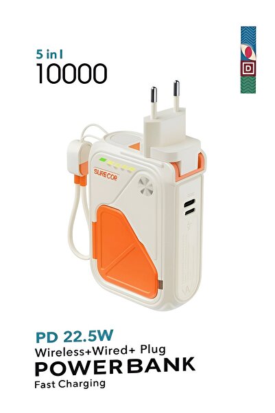 ÇELİKWORK 5'in 1 PD 22.5W Hızlı Şarj Powerbank - 10000mAh, Kablolu ve Kablosuz Standlı Çoklu Fişli Şarj Cihazı