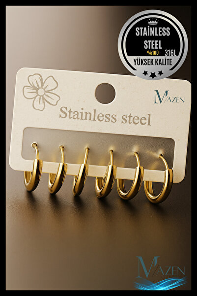 MAZEN 316L Çelik Set Halka Küpe | Gold Renk | 6 Adet 3 Farklı Boy | Kalın Bar Model