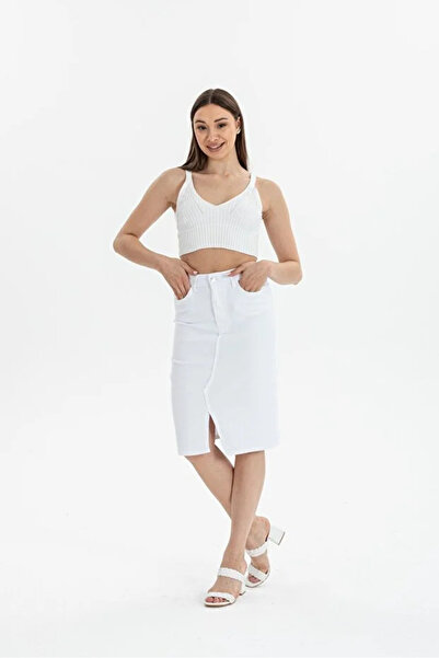 Lexsina Λευκή γυναικεία τζιν φούστα μεσαίου μήκους άνοιγμα