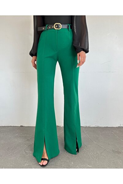 Modamorfo Spanish Leg Slit Belted Trousers -Green