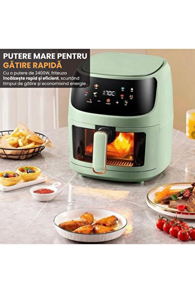 Full Abundance Friteuză cu aer 2400W — 8 programe presetate, gătit la 360°, temperatură NTC, verde lime