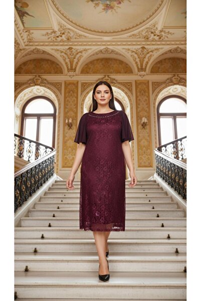 Nidya Moda Kadın Mürdüm Kaplama Dantel Taşlı Abiye Elbise 4026DM