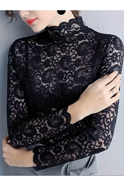 TEMU Bluz with High Neck and Lace Detail