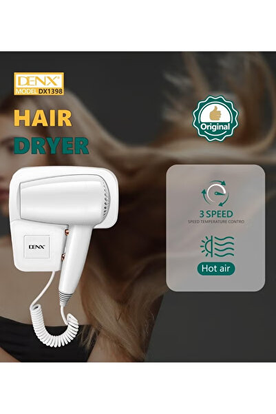 Denx Professional Wall-Mounted Hair Dryer, 1250W - Compact, Lightweight, Hot & Cold
