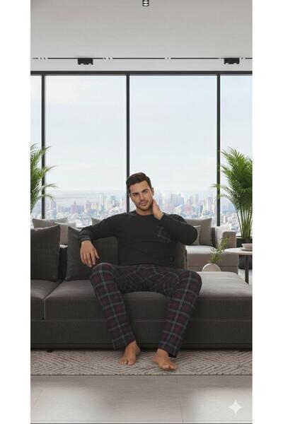 Sude HOMEWEAR Чоловічий піжамний комплект з довгими рукавами в клітинку з кишенями