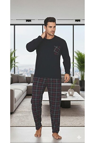 Sude HOMEWEAR Чоловічий піжамний комплект з довгими рукавами в клітинку з кишенями