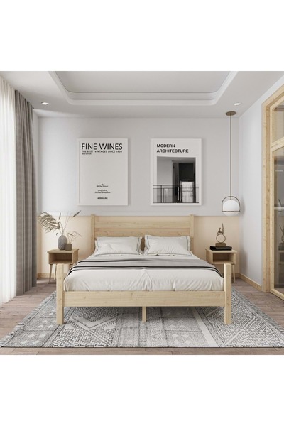 RENAZZO Urban Model Vernikli Çam Ahşap Karyola Ve İki Komodin Set