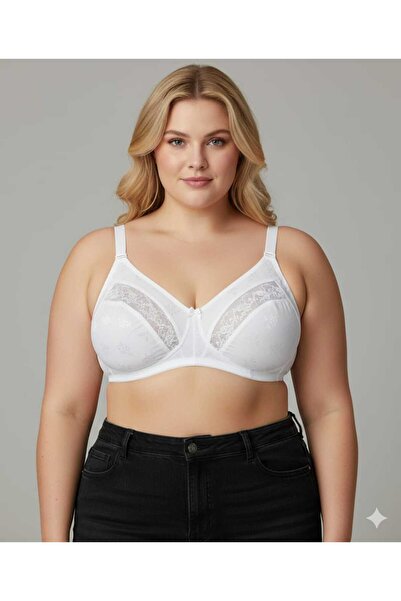 wear treasure Women's Plus Size Lace Detailed 3 Buckle Gathering Combed Cotton Supportless Wire Free Capless Mother's Bra