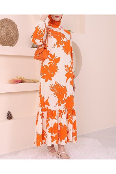 Modamorfo Сукня з великим листяним візерунком, коміром-стійкою та воланами - ...