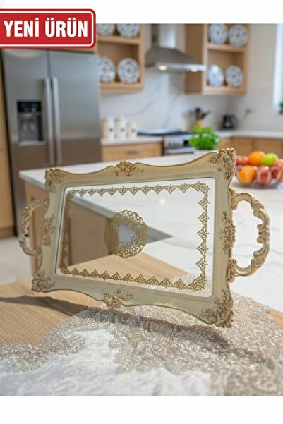 zaTen Pazar BLANCA KREM VARAKLI İÇİ CAM AKRİLİK TEPSİ 52x27CM