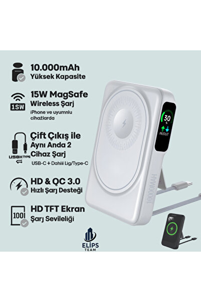 Brawi 10000mAh Kablosuz MagSafe Powerbank 15W Hızlı Şarj Dahili Lightning & Type-C kablo STAN BEYAZ