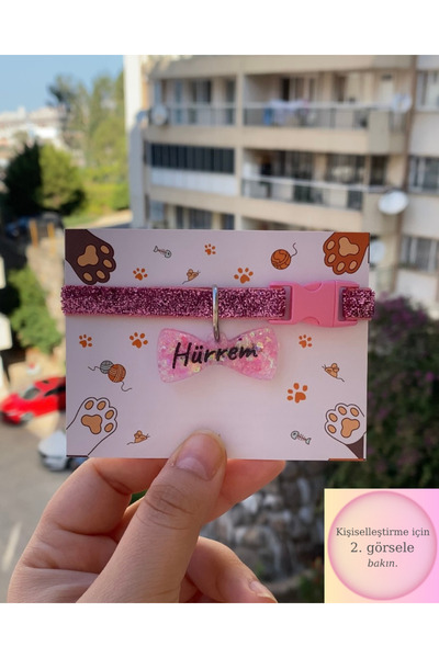 VenüsTakı "Papyon" Şeklinde Pembe Tasma - Zilli -pink glitter - Isimli Kedi T...