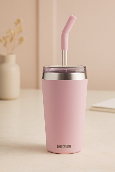 SIGG Helia Vacuum Stainless Steel Thermos Mug Pink Color Bpa Free 450 ml with Glass Straw and Cleaning Brush