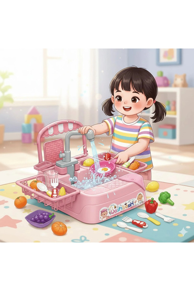 Doğan Oyuncak Dünyası Pembe Su Akıtan Mutfak Lavabosu Seti - Çeşmeli Sesli La...