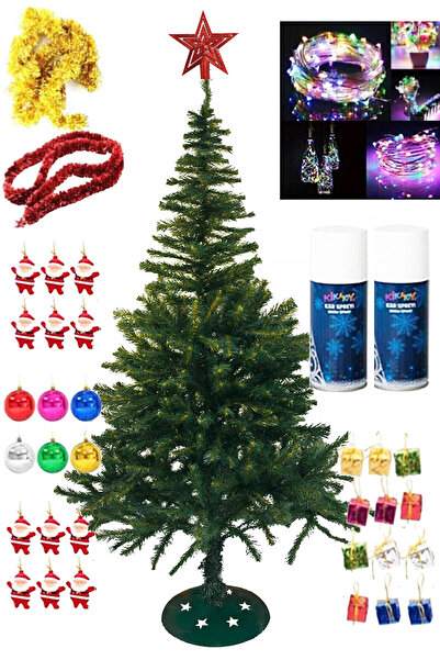 Parti dolabı 180 Cm Yılbaşı Çam Ağaç Seti 10 Metre Pilli Rgb Led Işıklı, Tepe Yıldızı 33 Parça Süs, 2 Kar Spreyi