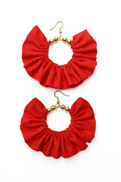 maia Kadın Altın Renk Halka Sallantılı Küpe – Kırmızı Kumaş Boncuklu Tasarım