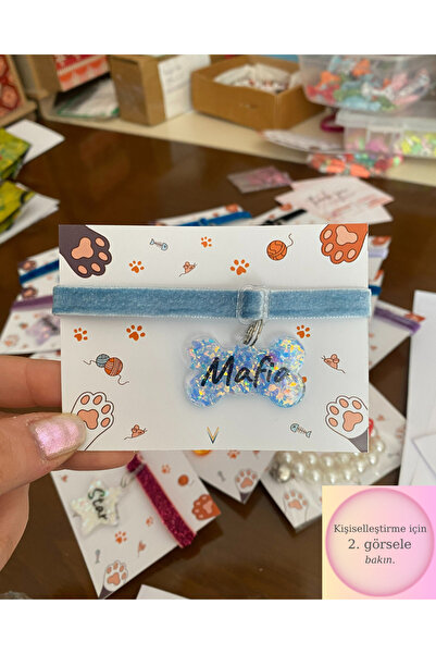 VenüsTakı "kemik" Şeklinde mavi Tasma Zilli blue glitter -Isimli Kedi Tasması...