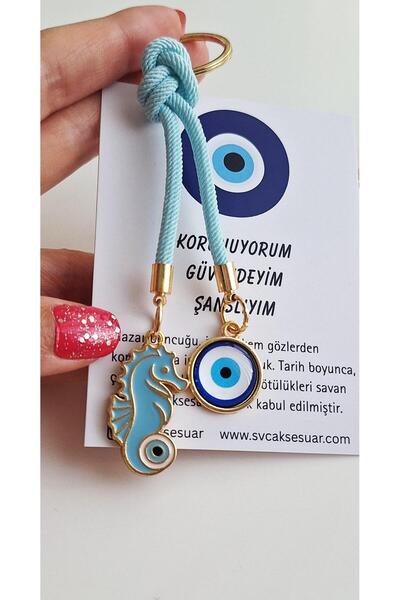 Svc Aksesuar Hediyelik Çift Nazar Boncuklu Açık Mavi Şans Denizatı Anahtarlık...
