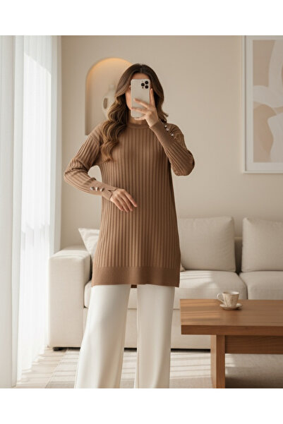 Modamorfo Crew Neck Ribbed Slit Knitwear Tunic - Mink