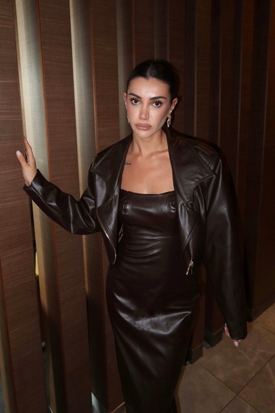 Roselenda Ophelia Shoulder Pad Piece Faux Brown Leather Jacket