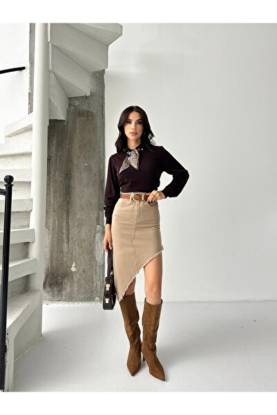 SHEVEGA Women Cream Skirt Tassel Asymmetric Cut Linen Skirt