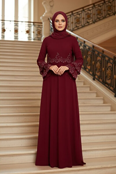 Neva Style Βραδινό φόρεμα με χάντρες με μπορντό χρώμα 9181BR