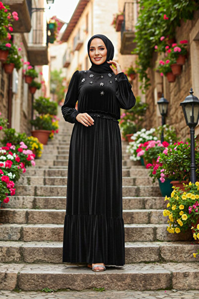 Neva Style Μαύρο Μαντίλι Φόρεμα Βελούδινο με Λεπτομέρεια Λουλουδιών 3713S