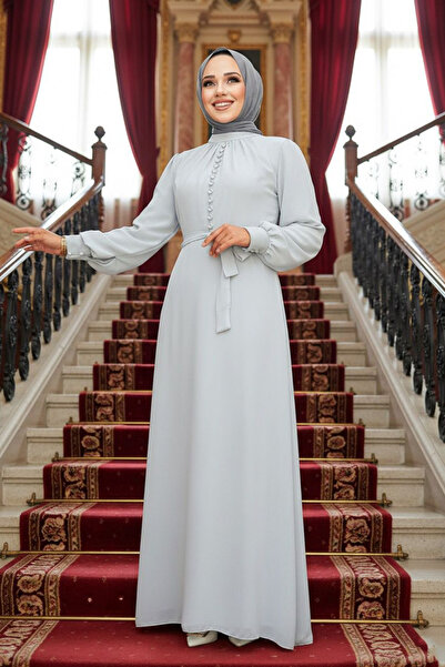 Neva Style Λεπτομερές γκρι μουσουλμανικό φόρεμα με κουμπιά 2703GR