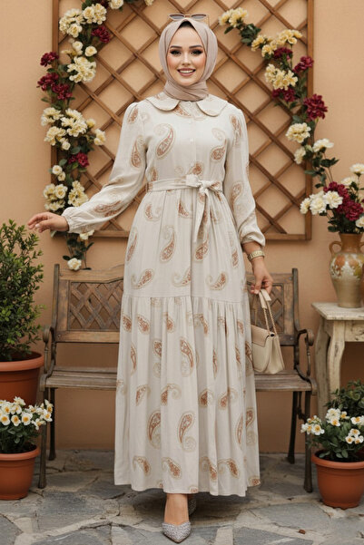 Neva Style Patterned Brown Hijab Dress 10302Kh