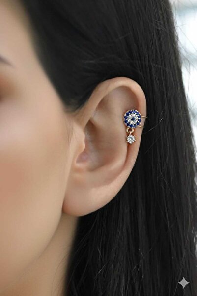 Papatya Silver 925 Ayar Rose Altın Kaplama Tek Taşlı Gümüş Kıkırdak Nazar Küpe