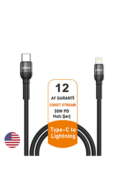Comet STREAM iPhone Uyumlu 30W PD Hızlı Şarj Kablosu 1.2m Örgülü Type-C to Lightning