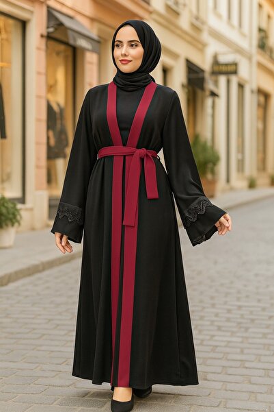 Neva Style Belted Burgundy Hijab Abaya 55440Br