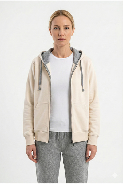 Cottonland Women's Olivia Regular Fit Three Thread Non-Fleece Hooded Cotton Sweat Coat Ecru