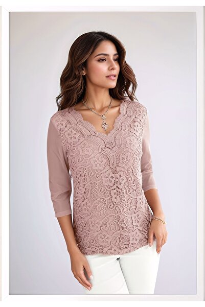 MAMAYAGA Γυναικεία Curve Plus Size Μπροστινά Floral Δαντέλα Μανίκια Τούλι Αθλητική Κομψή μπλούζα