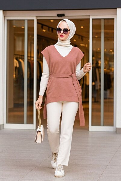 Neva Style Belted Dusty Rose Hijab Knitwear Sweater 46500Gk