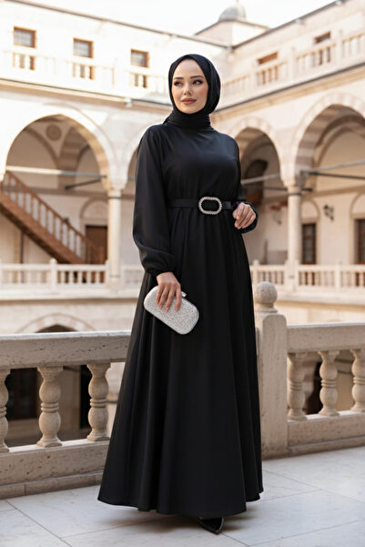 Neva Style Siyah Saten Tesettür Elbise 5727S