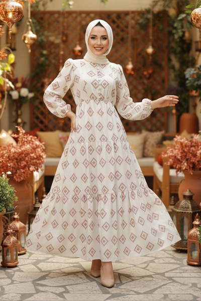 Neva Style Patterned Dark Salmon Hijab Dress 10229Ksmn