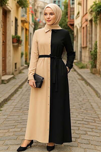 Neva Style Block Color Black Hijab Dress 3437S