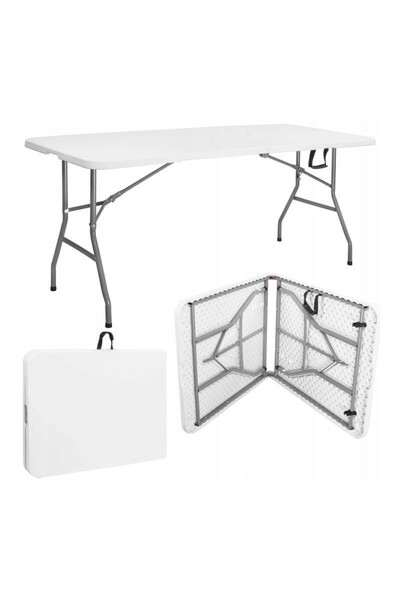 PROCART Folding table for camping or garden, suitcase type, 180x70x75 cm, steel frame, white
