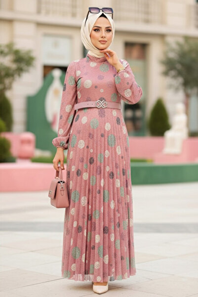 Neva Style Polka Dot Patterned Dusty Rose Hijab Dress 11871Gk