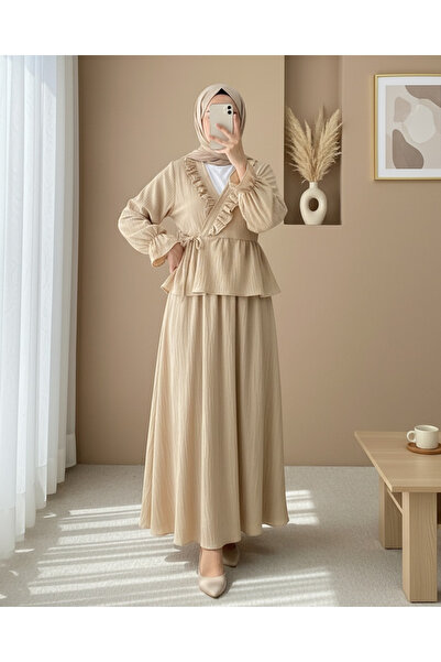 Modamorfo Kimono Set with Ruffled Collar and Tie Front Skirt - Light Mink