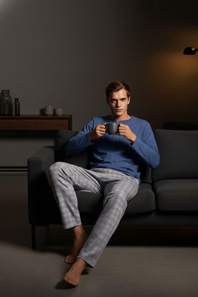PİJAPİA Men's Long Sleeve Pajama Set Blue 100% Cotton
