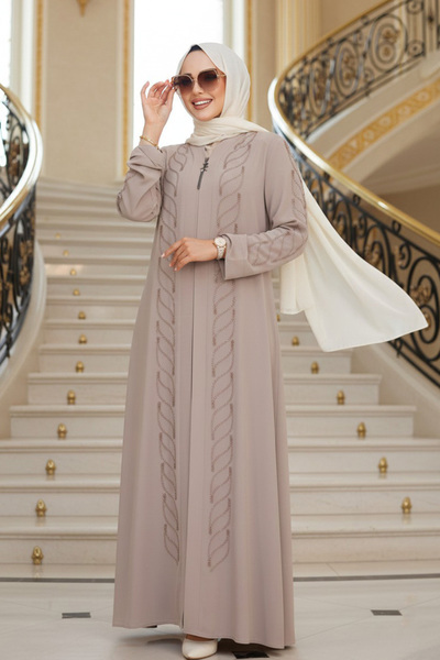 Neva Style Beige Hijab Ferace - Bead Embroidered 29122Bej