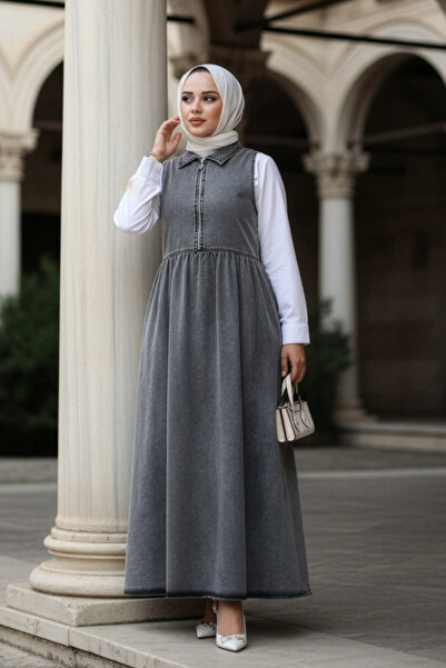 N.S NEVA STYLE Τζιν με φερμουάρ Anthracite Hijab Gilet Φόρεμα 19135ANT