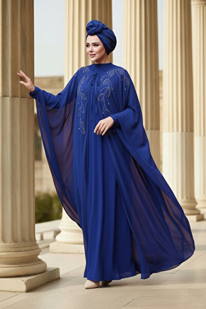 N.S NEVA STYLE Вечерна рокля Cape-Plain Sax Blue Hijab 25909SX
