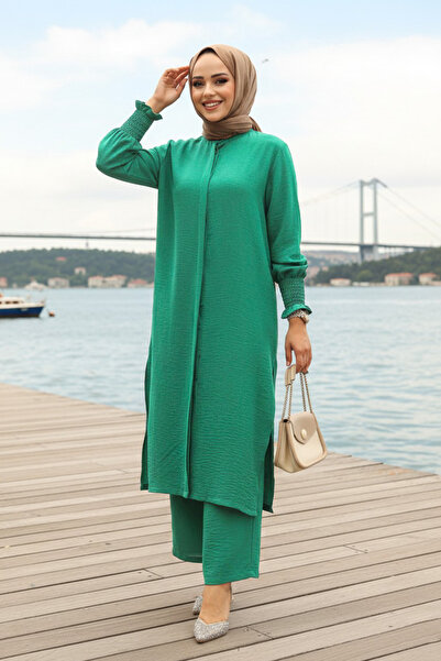 Neva Style Green Hijab Buttoned Double Set - 12591Y
