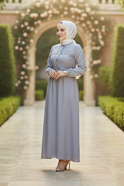 Neva Style Buttoned Gray Hijab Dress 17131Gr