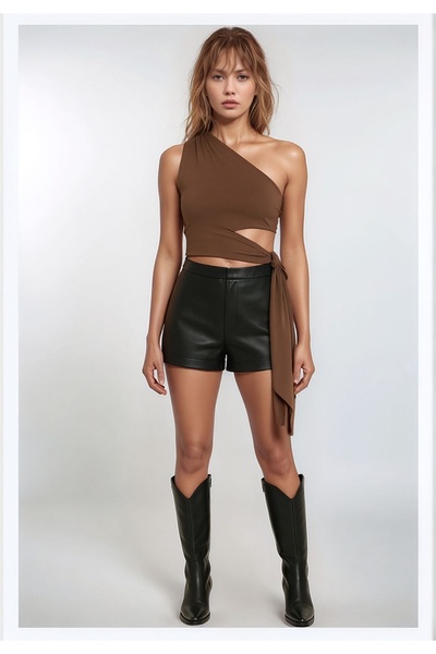 MAMAYAGA Жіноча талія краватка деталь з одним рукавом з плеча спортивний стильний комфортний облягаючий блузка кроптоп